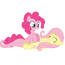 Size: 1080x1080 | Tagged: safe, artist:princessdestiny200i, fluttershy, pinkie pie, earth pony, pegasus, pony, g4, belly, belly tickling, cute, diapinkes, female, grin, lying down, mare, on back, open mouth, shyabetes, simple background, sitting, smiling, tickle torture, tickling, white background