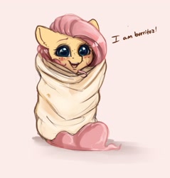 Size: 3081x3225 | Tagged: safe, artist:miokomata, fluttershy, pegasus, pony, g4, blanket burrito, blushing, burrito, cute, daaaaaaaaaaaw, dialogue, ear fluff, female, freckles, freckleshy, high res, looking at you, mare, miokomata is trying to murder us, misleading thumbnail, open mouth, pink background, shyabetes, simple background, smiling, solo, talking to viewer, weapons-grade cute