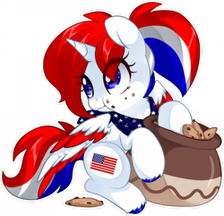 Size: 700x675 | Tagged: safe, artist:loyaldis, oc, oc only, oc:liberty belle, pony, american flag, commission, cookie, cookie jar, crumbs, eating, female, food, mare, simple background, solo, transparent background, your character here