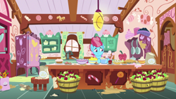 Size: 1920x1080 | Tagged: safe, screencap, cup cake, earth pony, pony, g4, the big mac question, apple, batter, carrot, cookie, female, food, pie, solo