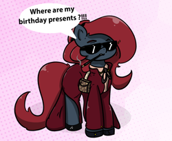 Size: 1250x1023 | Tagged: safe, artist:n-o-n, oc, oc only, oc:jessi-ka, pony, birthday, brat, clothes, dress, female, louis vuitton, mare, rich, serious, solo, spoiled, sunglasses