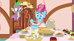 Size: 1920x1080 | Tagged: safe, screencap, cup cake, spike, dragon, pony, g4, the big mac question, apple, batter, cupcake, female, flour, food, mare, pie, winged spike, wings
