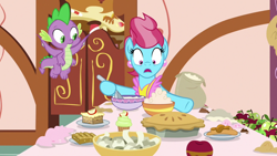 Size: 1920x1080 | Tagged: safe, screencap, cup cake, spike, dragon, pony, g4, the big mac question, batter, female, flour, food, mare, pie, winged spike, wings