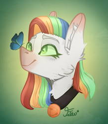 Size: 1623x1863 | Tagged: safe, artist:starfello, oc, butterfly, earth pony, pony, bust, collar, ear fluff, earth pony oc, multicolored hair, rainbow hair, signature, smiling