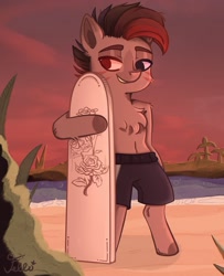 Size: 1280x1575 | Tagged: safe, artist:starfello, oc, oc only, earth pony, pony, beach, bipedal, chest fluff, clothes, earth pony oc, heterochromia, male, outdoors, shorts, smiling, solo, stallion, surfboard