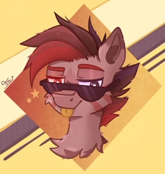 Size: 1280x1349 | Tagged: safe, artist:starfello, oc, oc only, earth pony, pony, :p, abstract background, bust, chest fluff, earth pony oc, heterochromia, male, signature, solo, stallion, sunglasses, tongue out