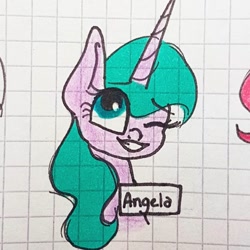 Size: 1080x1080 | Tagged: safe, artist:galaxy.in.mind, oc, oc only, oc:angela, pony, unicorn, bust, eyelashes, female, graph paper, horn, mare, traditional art, unicorn oc