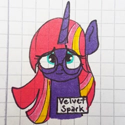 Size: 1080x1080 | Tagged: safe, artist:galaxy.in.mind, oc, oc only, oc:velvet spark, pony, unicorn, bust, eyelashes, female, glasses, graph paper, horn, magical lesbian spawn, mare, offspring, parent:tempest shadow, parent:twilight sparkle, parents:tempestlight, traditional art, unicorn oc