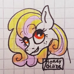 Size: 1080x1080 | Tagged: safe, artist:galaxy.in.mind, oc, oc only, oc:honey glaze, earth pony, pony, bust, earth pony oc, eyelashes, female, freckles, graph paper, grin, magical lesbian spawn, mare, offspring, parent:applejack, parent:rarity, parents:rarijack, smiling, traditional art