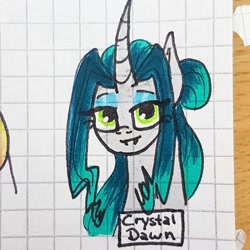 Size: 1080x1080 | Tagged: safe, artist:galaxy.in.mind, oc, oc only, oc:crystal dawn, changepony, pony, unicorn, bust, eyelashes, female, graph paper, horn, magical lesbian spawn, makeup, mare, offspring, parent:princess celestia, parent:queen chrysalis, parents:chryslestia, traditional art, unicorn oc