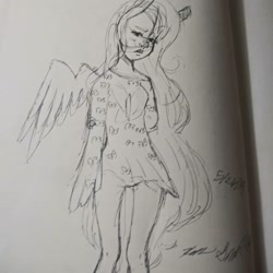 Size: 1080x1080 | Tagged: safe, artist:xyedoesthings, fluttershy, human, g4, clothes, dress, female, humanized, lineart, signature, smiling, solo, traditional art, winged humanization, wings