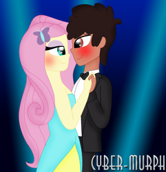 Size: 1432x1488 | Tagged: safe, artist:cyber-murph, fluttershy, oc, human, equestria girls, g4, bowtie, canon x oc, clothes, commission, cute, dancing, dress, fall formal outfits, hat, signature, tuxedo