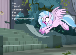 Size: 945x675 | Tagged: safe, edit, edited screencap, editor:korora, screencap, silverstream, g4, school daze, castle of the royal pony sisters, cropped, cute, diastreamies, female, irrational exuberance, jewelry, necklace, smiling, speech, squee, stairs, talking, that hippogriff sure does love stairs