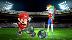Size: 1496x840 | Tagged: safe, artist:selenaede, artist:user15432, artist:vg805smashbros, rainbow dash, human, equestria girls, g4, ball, barely eqg related, base used, clothes, crossed arms, crossover, duo, female, football, gloves, goal, lights, male, maridash, mario, mario strikers, mario strikers charged, mariodash, nintendo, shoes, shorts, sidekick, sneakers, soccer field, soccer shoes, socks, sports, sports outfit, super mario bros., super mario strikers