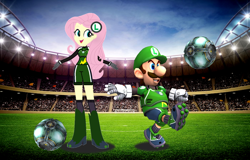 Size: 1432x918 | Tagged: safe, artist:selenaede, artist:super-nick-2001, artist:vg805smashbros, fluttershy, human, equestria girls, g4, arms wide open, ball, barely eqg related, base used, clothes, crossover, female, football, gloves, lights, luigi, luigishy, male, mario strikers, mario strikers charged, nintendo, shoes, shorts, sidekick, sneakers, soccer field, soccer shoes, socks, sports, sports outfit, super mario bros., super mario strikers