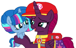 Size: 1703x1080 | Tagged: safe, alternate version, artist:徐詩珮, fizzlepop berrytwist, tempest shadow, oc, oc:nova sparkle, alicorn, pony, bubbleverse, series:sprglitemplight diary, series:sprglitemplight life jacket days, series:springshadowdrops diary, series:springshadowdrops life jacket days, g4, aid marshall (paw patrol), alicornified, alternate universe, baby, baby pony, background removed, base used, clothes, female, holding a pony, like mother like daughter, like parent like child, magical lesbian spawn, magical threesome spawn, marshall (paw patrol), mother and child, mother and daughter, multiple parents, next generation, offspring, parent:glitter drops, parent:spring rain, parent:tempest shadow, parent:twilight sparkle, parents:glittershadow, parents:sprglitemplight, parents:springdrops, parents:springshadow, parents:springshadowdrops, paw patrol, race swap, simple background, tempesticorn, transparent background