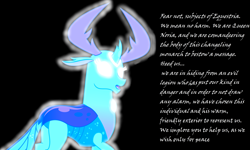 Size: 1478x887 | Tagged: safe, artist:mellow91, artist:sketchmcreations, edit, thorax, oc, oc only, oc:queen noria, changedling, changeling, g4, triple threat, black background, dialogue, eyelashes, female, fusion, glowing eyes, king thorax, male possessed by female, male to female, open mouth, possessed, queen thoria, raised hoof, royal we, simple background, solo, text, white eyes