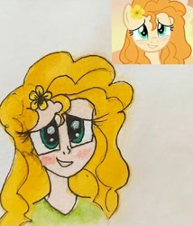 Size: 540x632 | Tagged: safe, artist:lunaart, screencap, pear butter, earth pony, human, pony, g4, the perfect pear, blushing, buttercup, cute, female, flower, flower in hair, humanized, mare, pearabetes, scene interpretation, screencap reference, solo, traditional art
