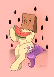 Size: 1431x2048 | Tagged: safe, artist:ijustmari, oc, oc only, oc:paper bag, pony, eating, fake cutie mark, food, herbivore, seeds, sitting, tongue out, watermark, watermelon