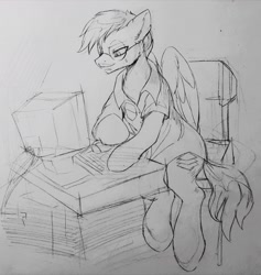 Size: 2345x2472 | Tagged: safe, artist:crossazaphael, oc, oc only, oc:dr.picsell dois, pegasus, pony, clothes, computer, facial hair, glasses, high res, keyboard, lab coat, male, moustache, pencil drawing, sketch, stallion, traditional art