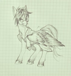 Size: 1781x1899 | Tagged: safe, artist:阿毛, oc, oc only, oc:dr.picsell dois, pegasus, pony, clothes, facial hair, glasses, graph paper, lab coat, male, moustache, sketch, solo, stallion, traditional art, unshorn fetlocks