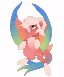 Size: 1724x2048 | Tagged: safe, artist:amo, oc, oc only, pony, colored wings, multicolored wings, simple background, solo, spread wings, unshorn fetlocks, white background, wings