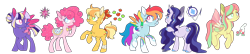 Size: 9420x2050 | Tagged: safe, artist:glowfangs, applejack, fluttershy, pinkie pie, rainbow dash, rarity, twilight sparkle, alicorn, earth pony, flutter pony, pegasus, pony, twinkle eyed pony, unicorn, g1, g4, alternate cutie mark, alternate design, alternate hairstyle, bandage, bandaid, bandaid on nose, bowtie, colored hooves, colored horn, colored wings, curved horn, ear piercing, earring, female, g4 to g1, generation leap, hair bun, horn, jewelry, mane six, multicolored wings, piercing, princess pony, redesign, secret suprise pony, silly, silly pony, simple background, transparent background, twice as fancy ponies, twilight sparkle (alicorn), who's a silly pony, wings