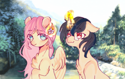 Size: 1280x812 | Tagged: safe, artist:九鹿, fluttershy, oc, oc:forestar, pegasus, pony, unicorn, g4, canon x oc, cute, day, duo, flower, flower in hair, flutterstar, forest, glasses, happy, love, magic, shipping, sky
