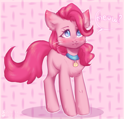Size: 2092x2000 | Tagged: safe, artist:zefirka, pinkie pie, cat, g4, bell, bell collar, cat bell, catified, collar, high res, meow, pinkie cat, species swap, talking to viewer