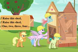 Size: 1080x720 | Tagged: safe, edit, edited screencap, screencap, applejack, ocellus, sandbar, silverstream, changeling, earth pony, hippogriff, pony, apple family reunion, non-compete clause, apple, apple tree, applejack's hat, construction, cowboy hat, cropped, cute, diaocelles, diastreamies, eyes closed, female, food, hard hat, hat, hoof on chin, jackabetes, lyrics, mare, raise this barn, raised hoof, sandabetes, shed, song reference, sweet apple acres, text, tree