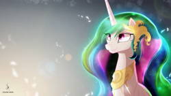 Size: 3840x2160 | Tagged: safe, artist:zidanemina, princess celestia, alicorn, pony, g4, 4k, abstract background, alternate hairstyle, bust, cute, cutelestia, female, high res, smiling, solo, wallpaper