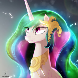 Size: 2160x2160 | Tagged: safe, alternate version, artist:zidanemina, princess celestia, alicorn, pony, g4, abstract background, alternate hairstyle, bust, cute, cutelestia, eye clipping through hair, female, flower, flower in hair, high res, mare, portrait, signature, smiling, solo
