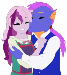 Size: 1311x1472 | Tagged: safe, artist:fantasygerard2000, master kenbroath gilspotten heathspike, wysteria, dragon, human, anthro, equestria girls, g3, g4, cheek kiss, clothes, dress, equestria girls-ified, eyes closed, female, g3 to equestria girls, g3 to g4, generation leap, glasses, hair, headcanon, humanized, kissing, male, ponytail, princess wysteria, ship:wysterispike, shipping, simple background, straight, transparent background, wysteriadorable