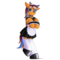 Size: 3000x3000 | Tagged: safe, artist:xcinnamon-twistx, oc, oc only, oc:cold front, pegasus, pony, apron, clothes, commission, crossdressing, dress, eyebrows, eyebrows visible through hair, high res, looking at you, maid, maid headdress, male, pegasus oc, shoes, simple background, socks, solo, stockings, thigh highs, transparent background, wings