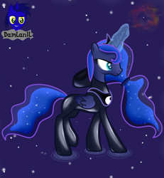 Size: 3840x4154 | Tagged: safe, artist:damlanil, princess luna, alicorn, pony, g4, alternate hairstyle, bodysuit, catsuit, clothes, crown, dream, ethereal mane, female, galaxy mane, glowing horn, horn, jewelry, latex, latex suit, magic, mare, nebula, necklace, planetary nebula, ponytail, regalia, rubber, shiny, show accurate, solo, space, stars, vector, wings