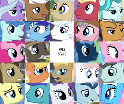 Size: 1630x1375 | Tagged: safe, edit, edited screencap, screencap, aloe, burnt oak, doctor whooves, double diamond, fond feather, golden gavel, lighthoof, lotus blossom, mayor mare, minuette, mochaccino, ms. harshwhinny, neon lights, nurse redheart, open skies, party favor, pinkie pie, polo play, quibble pants, rare find, rarity, rising star, star hunter, sunshower raindrops, time turner, tune-up, vance van vendington, wrangler, earth pony, pegasus, pony, unicorn, g4, bingo, female, friendship student, las pegasus resident, male, mare, stallion