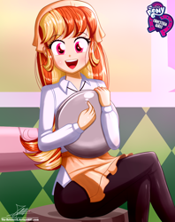 Size: 920x1160 | Tagged: safe, artist:the-butch-x, oc, oc only, oc:mandarine mélange, equestria girls, g4, butch's hello, crossed legs, cute, equestria girls logo, female, happy, looking at you, plate, signature, sitting, smiling, solo