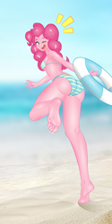 Size: 2000x4000 | Tagged: safe, artist:lzh, pinkie pie, equestria girls, g4, ass, balloonbutt, barefoot, beach, bikini, blushing, butt, clothes, day, feet, female, inner tube, looking at you, looking back, looking back at you, midriff, ocean, one eye closed, open mouth, running, sky, smiling, solo, striped swimsuit, stupid sexy pinkie, sunlight, swimsuit, wink, winking at you