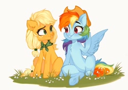 Size: 1024x723 | Tagged: safe, artist:sofiko-ko, applejack, rainbow dash, earth pony, pegasus, pony, g4, accessory swap, chest fluff, cute, dashabetes, duo, duo female, female, grass, jackabetes, lesbian, looking at each other, looking at someone, mare, ship:appledash, shipping, simple background, sitting, smiling, white background