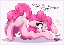 Size: 2160x1504 | Tagged: safe, artist:joakaha, pinkie pie, earth pony, pony, g4, crouching, face down ass up, female, mare, potion, simple background, solo, white background