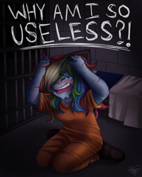 Size: 2000x2500 | Tagged: safe, artist:shimmer-shy, rainbow dash, equestria girls, g4, bed, cell, clothes, crying, female, freckles, frustrated, frustration, grabbing hair, high res, prison, prison outfit, prisoner rd, scratches, solo