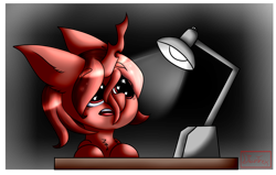 Size: 1100x700 | Tagged: safe, artist:diantrex, oc, oc only, oc:red flux, changeling, moth, mothling, mothpony, original species, black background, desk, dilated pupils, eyebrows, eyebrows visible through hair, eyes on the prize, lamp, male, red changeling, signature, simple background, solo, starry eyes, trance, wingding eyes