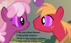 Size: 945x567 | Tagged: safe, edit, edited screencap, editor:korora, screencap, big macintosh, cheerilee, earth pony, pony, g4, hearts and hooves day (episode), cropped, female, gilbert and sullivan, heart, love poison, lyrics, male, mare, ship:cheerimac, shipping, song reference, stallion, straight, swirly eyes, text, the sorcerer (opera)