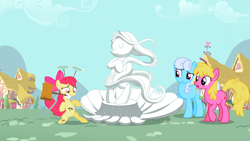 Size: 1920x1080 | Tagged: safe, screencap, apple bloom, cherry berry, linky, shoeshine, earth pony, pony, g4, the cutie pox, background pony, bipedal, female, fine art parody, hammer, mare, statue, the birth of venus, we don't normally wear clothes