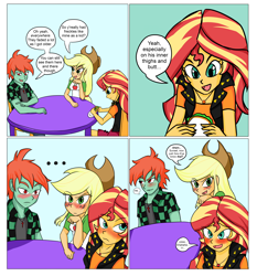 Size: 5578x5988 | Tagged: safe, artist:sodaska, applejack, sunset shimmer, oc, oc:ruby sword, human, equestria girls, g4, bedroom eyes, blushing, blushing profusely, canon x oc, comic, embarrassed, food, freckles, geode of empathy, implied nudity, implied sex, lidded eyes, looking at each other, looking away, magical geodes, raspberry noise, realization, sandwich, shipping, sitting, snickering, sunsword