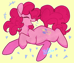 Size: 1280x1088 | Tagged: safe, artist:botdraws, pinkie pie, earth pony, pony, g4, curly mane, curly tail, cute, diapinkes, emanata, eyes closed, female, in air, mare, open mouth, open smile, pink coat, pink mane, pink tail, profile, raised hoof, raised leg, simple background, smiling, solo, tail, watermark, yellow background