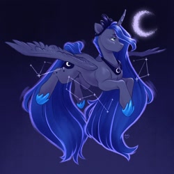 Size: 1600x1600 | Tagged: safe, artist:hollybright, princess luna, alicorn, pony, g4, constellation, crescent moon, crown, female, hoof shoes, jewelry, mare, moon, night, profile, regalia, solo, spread wings, wings