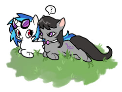 Size: 1056x798 | Tagged: safe, artist:raptorialtalon0202, dj pon-3, octavia melody, vinyl scratch, earth pony, pony, unicorn, g4, bowtie, cute, duo, female, lying down, mare, pictogram, ponyloaf, prone, question mark, simple background, smiling, speech bubble, white background