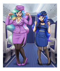 Size: 2250x2677 | Tagged: safe, artist:king-kakapo, princess celestia, princess luna, human, airline, breasts, busty princess celestia, busty princess luna, cleavage, clothes, commission, dress, duo, duo female, female, hat, high heels, humanized, pantyhose, scarf, shoes, skirt, skirt suit, stewardess, suit
