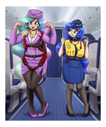 Size: 2250x2677 | Tagged: safe, artist:king-kakapo, princess celestia, princess luna, human, g4, airline, breasts, busty princess celestia, busty princess luna, cleavage, clothes, commission, dress, duo, duo female, female, hat, high heels, high res, humanized, lifejacket, pantyhose, parachute, pillbox hat, scarf, shoes, siblings, sisters, skirt, skirt lift, skirt suit, stewardess, suit